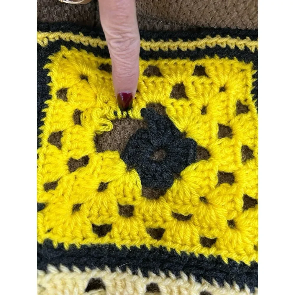 Vintage 70s Colorful Yellow‎ Granny Square Crochet Afghan Throw Blanket 60X36